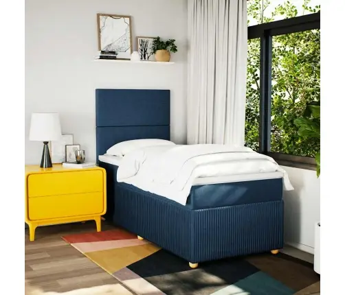 Atsperu Gultas Rāmis Ar Matraci, Zils, 90X200 Cm, Audums Vidaxl
