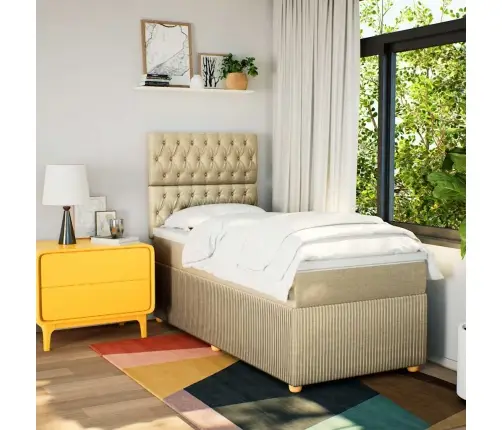 Atsperu Gultas Rāmis Ar Matraci, Krēmkrāsas, 90X200 Cm, Audums Vidaxl