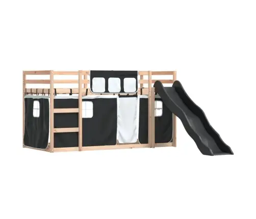 Augstā Gulta Ar Aizkariem Un Slidkalniņu, 90X200 Cm, Priede Vidaxl