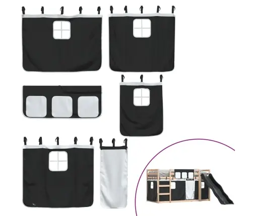 Augstā Gulta Ar Aizkariem Un Slidkalniņu, 90X200 Cm, Priede Vidaxl