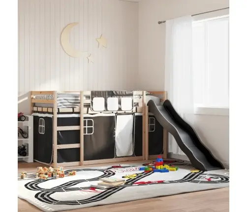 Augstā Gulta Ar Aizkariem Un Slidkalniņu, 90X200 Cm, Priede Vidaxl