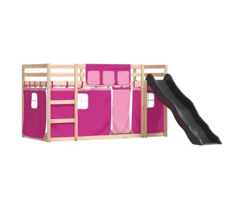 Dviaukštė Lova Su Užuolaidomis Ir Čiuožykla, Rožinė, 90X200Cm