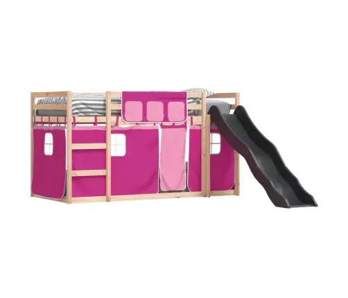 Dviaukštė Lova Su Užuolaidomis Ir Čiuožykla, Rožinė, 90X200Cm