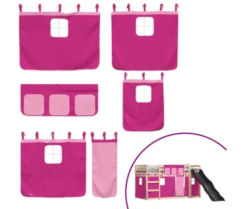 Dviaukštė Lova Su Užuolaidomis Ir Čiuožykla, Rožinė, 90X200Cm