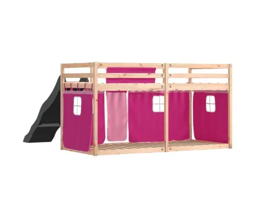 Dviaukštė Lova Su Užuolaidomis Ir Čiuožykla, Rožinė, 90X200Cm