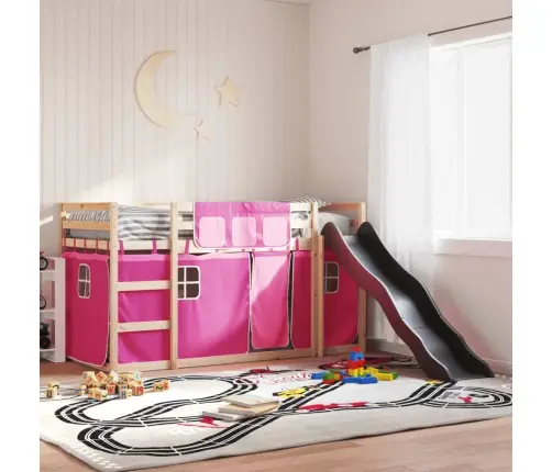 Dviaukštė Lova Su Užuolaidomis Ir Čiuožykla, Rožinė, 90X200Cm