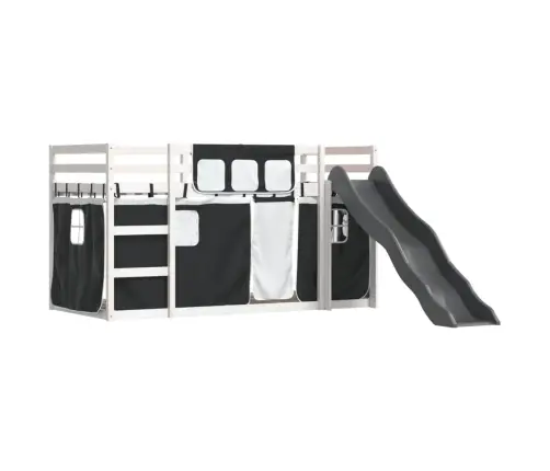 Dviaukštė Lova Su Užuolaidomis/Čiuožykla, Balta/Juoda, 90X200Cm