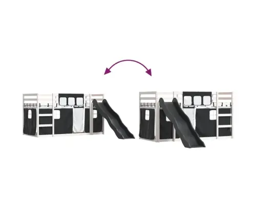 Dviaukštė Lova Su Užuolaidomis/Čiuožykla, Balta/Juoda, 90X200Cm