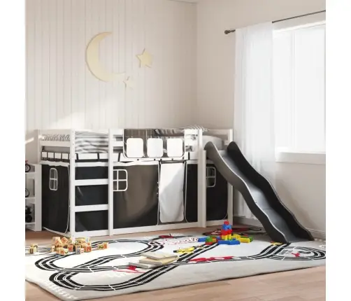 Dviaukštė Lova Su Užuolaidomis/Čiuožykla, Balta/Juoda, 90X200Cm