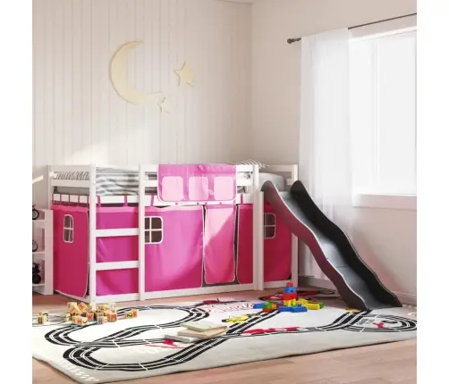 Augstā Gulta Ar Aizkariem Un Slidkalniņu, Rozā, 90X200 Cm Vidaxl