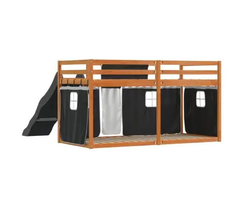 Augstā Gulta Ar Aizkariem Un Slidkalniņu, 90X200 Cm, Priede Vidaxl