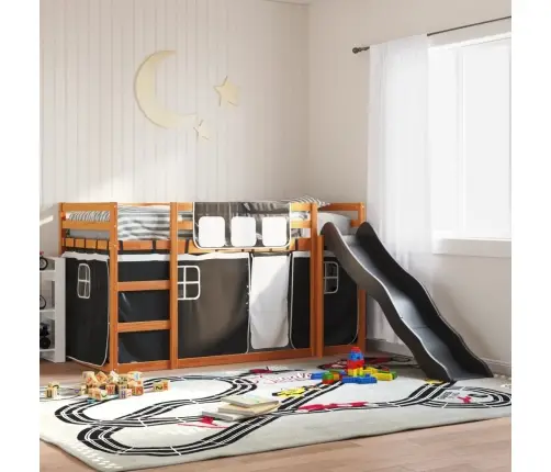 Augstā Gulta Ar Aizkariem Un Slidkalniņu, 90X200 Cm, Priede Vidaxl