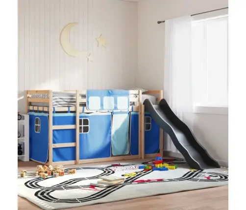 Dviaukštė Lova Su Užuolaidomis Ir Čiuožykla, Mėlyna, 80X200Cm