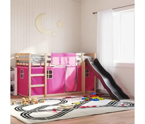 Dviaukštė Lova Su Užuolaidomis Ir Čiuožykla, Rožinė, 80X200Cm