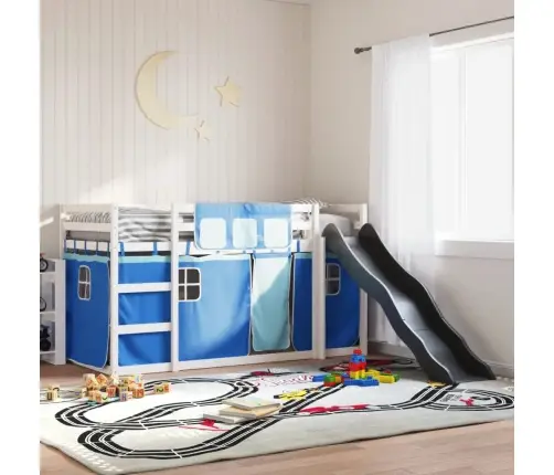 Augstā Gulta Ar Aizkariem Un Slidkalniņu Zils 80X200 Cm Priede Vidaxl