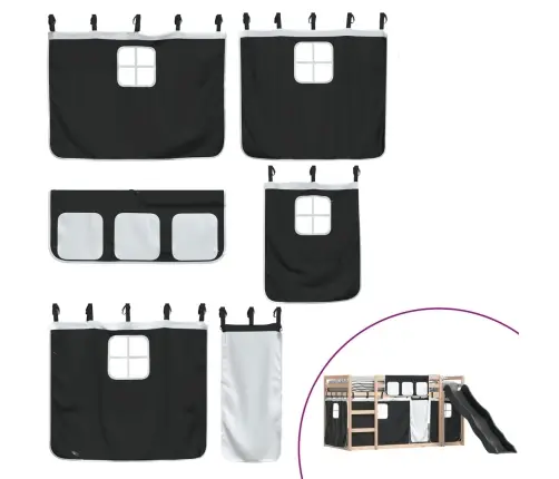 Augstā Gulta Ar Aizkariem Un Slidkalniņu, Melns&Balts, 90X190Cm Vidaxl