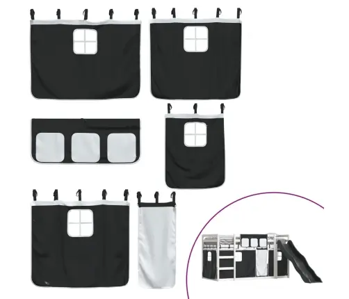 Augstā Gulta Ar Aizkariem Un Slidkalniņu, Melns&Balts, 90X190Cm Vidaxl