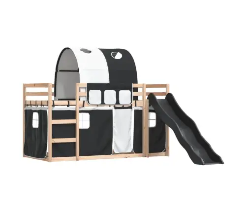 Dviaukštė Lova Su Užuolaidomis, Balta/Juoda, 90X200cm Pušis