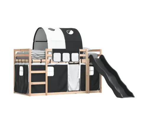 Dviaukštė Lova Su Užuolaidomis, Balta/Juoda, 90X200cm Pušis