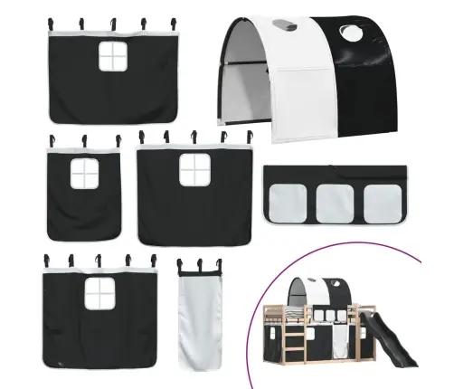 Dviaukštė Lova Su Užuolaidomis, Balta/Juoda, 90X200cm Pušis