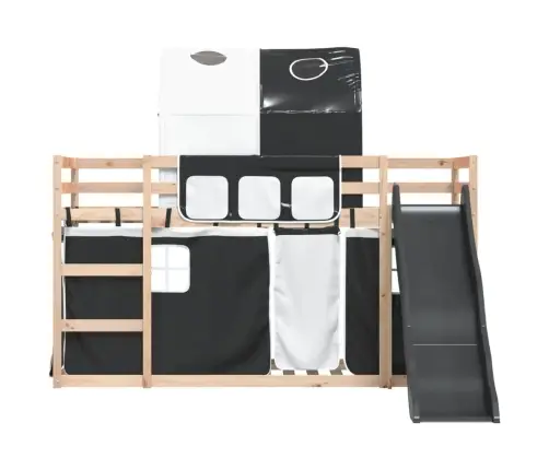 Dviaukštė Lova Su Užuolaidomis, Balta/Juoda, 90X200cm Pušis