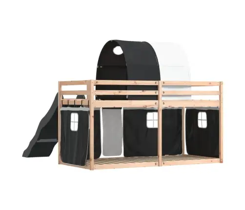 Dviaukštė Lova Su Užuolaidomis, Balta/Juoda, 90X200cm Pušis