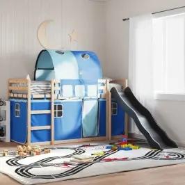 Dviaukštė Lova Su Užuolaidomis Ir Čiuožykla, Mėlyna, 90X200Cm