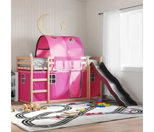 Augstā Gulta Ar Aizkariem Un Slidkalniņu, Rozā, 90X200 Cm Vidaxl