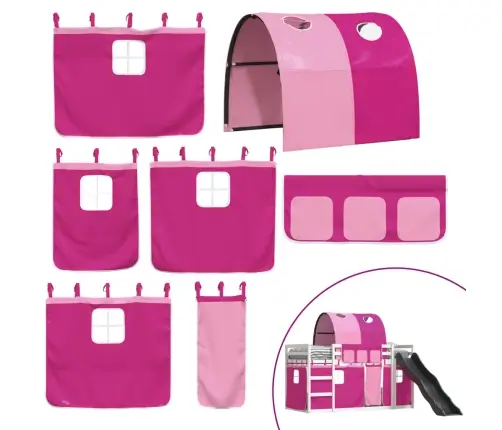 Augstā Gulta Ar Aizkariem Un Slidkalniņu, Rozā, 90X200 Cm Vidaxl