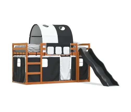 Augstā Gulta Ar Aizkariem Un Slidkalniņu, 90X200 Cm, Priede Vidaxl