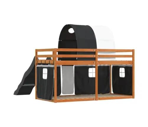 Augstā Gulta Ar Aizkariem Un Slidkalniņu, 90X200 Cm, Priede Vidaxl