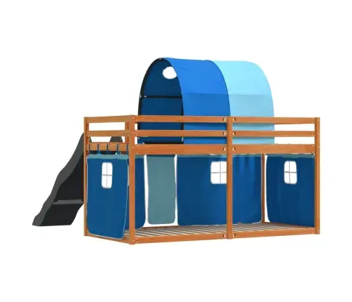 Dviaukštė Lova Su Užuolaidomis Ir Čiuožykla, Mėlyna, 90X200Cm