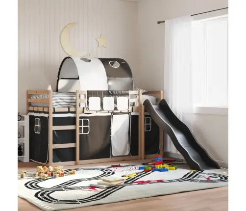 Dviaukštė Lova Su Užuolaidomis, Balta/Juoda, 80X200cm Pušis