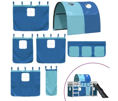 Dviaukštė Lova Su Užuolaidomis Ir Čiuožykla, Mėlyna, 90X190Cm