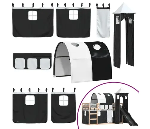 Dviaukštė Lova Su Užuolaidomis, Balta/Juoda, 90X200cm Pušis