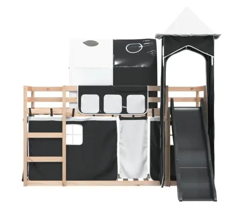 Dviaukštė Lova Su Užuolaidomis, Balta/Juoda, 90X200cm Pušis