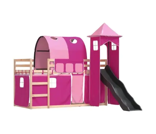 Augstā Gulta Ar Aizkariem Un Slidkalniņu, Rozā, 90X200 Cm Vidaxl