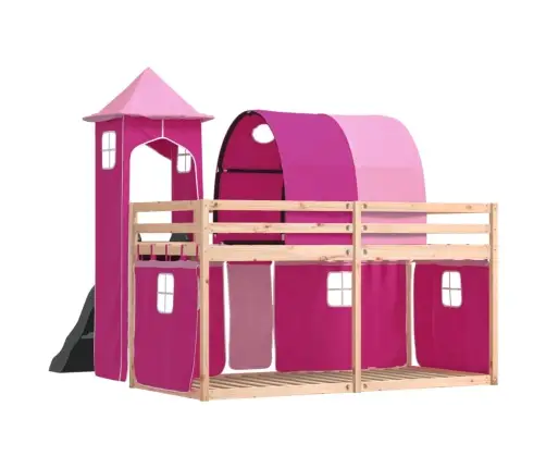 Augstā Gulta Ar Aizkariem Un Slidkalniņu, Rozā, 90X200 Cm Vidaxl