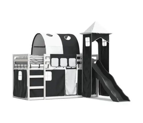 Augstā Gulta Ar Aizkariem Un Slidkalniņu, 90X200 Cm, Priede Vidaxl