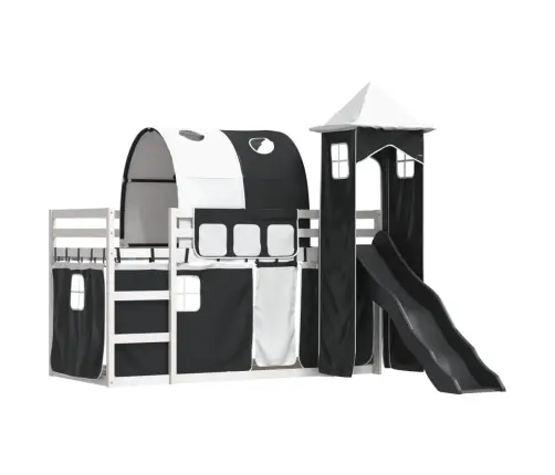 Augstā Gulta Ar Aizkariem Un Slidkalniņu, 90X200 Cm, Priede Vidaxl