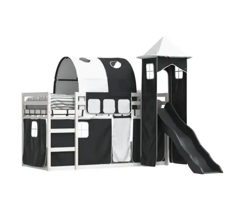 Augstā Gulta Ar Aizkariem Un Slidkalniņu, 90X200 Cm, Priede Vidaxl