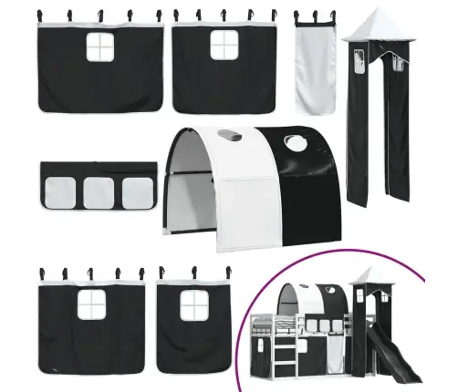 Augstā Gulta Ar Aizkariem Un Slidkalniņu, 90X200 Cm, Priede Vidaxl