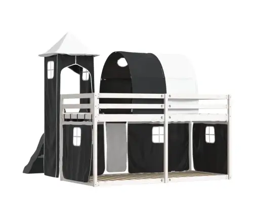 Augstā Gulta Ar Aizkariem Un Slidkalniņu, 90X200 Cm, Priede Vidaxl