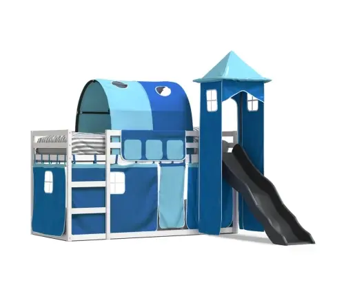 Dviaukštė Lova Su Užuolaidomis Ir Čiuožykla, Mėlyna, 90X200Cm