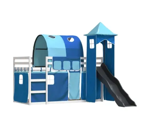 Dviaukštė Lova Su Užuolaidomis Ir Čiuožykla, Mėlyna, 90X200Cm