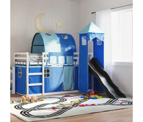 Dviaukštė Lova Su Užuolaidomis Ir Čiuožykla, Mėlyna, 90X200Cm
