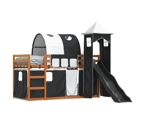 Dviaukštė Lova Su Užuolaidomis, Balta/Juoda, 90X200cm Pušis