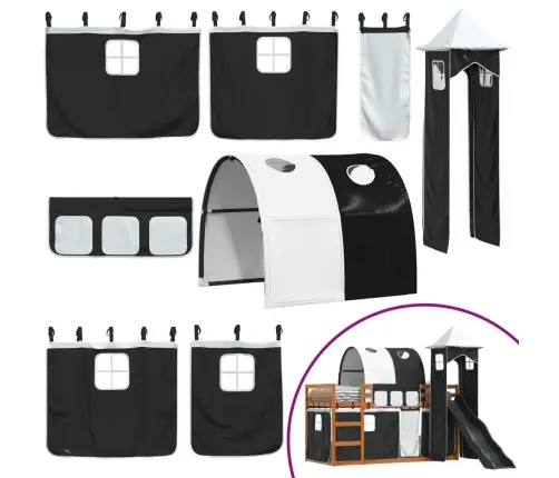 Dviaukštė Lova Su Užuolaidomis, Balta/Juoda, 90X200cm Pušis