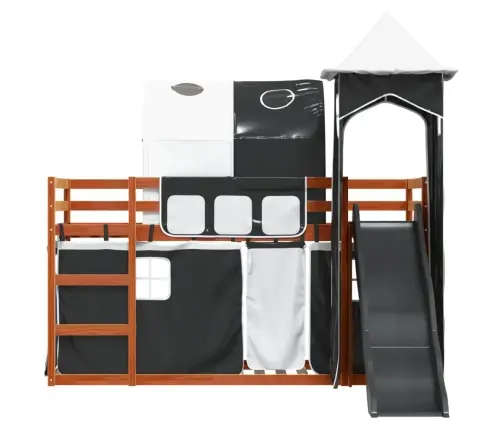 Dviaukštė Lova Su Užuolaidomis, Balta/Juoda, 90X200cm Pušis