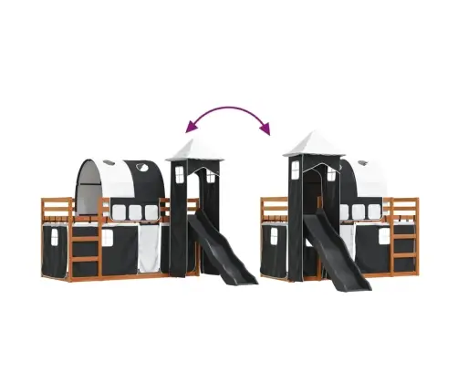 Dviaukštė Lova Su Užuolaidomis, Balta/Juoda, 90X200cm Pušis